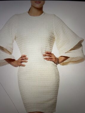 Gracia Cream Textured Bell-Sleeve Mini Dress